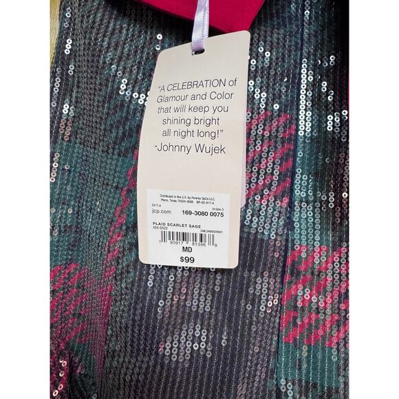 Johnny Wujek for JCPenney Plaid Scarlet Sage Sequin Mini Dress – Size Medium NEW - Picture 7 of 10